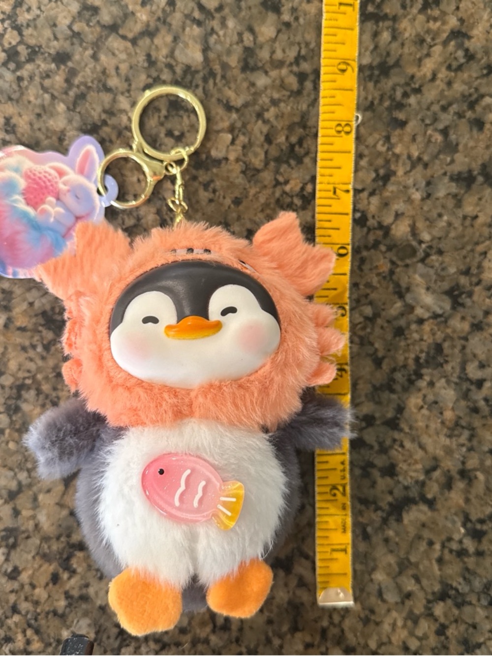 Plush Penguin Keychain Bag Charm with Coral Hood and Fish Charm - Picture 2 of 3